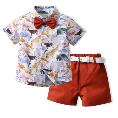 Kids Toddler Boys Casual Party Cartoon Animal Tiny Flower Print Short Sleeve Lapel Shirt Shorts Set
