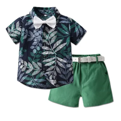 Kids Toddler Boys Casual Party Cartoon Animal Tiny Flower Print Short Sleeve Lapel Shirt Shorts Set