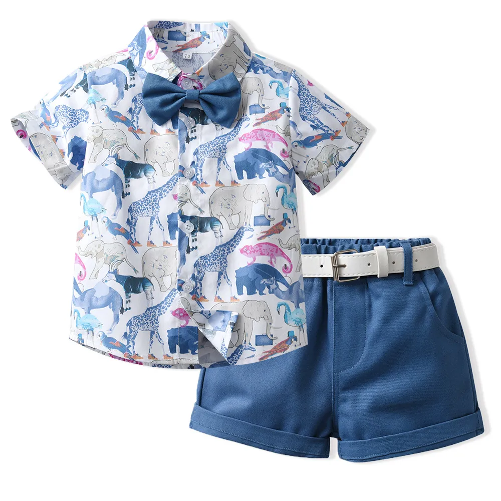 Kids Toddler Boys Casual Party Cartoon Animal Tiny Flower Print Short Sleeve Lapel Shirt Shorts Set