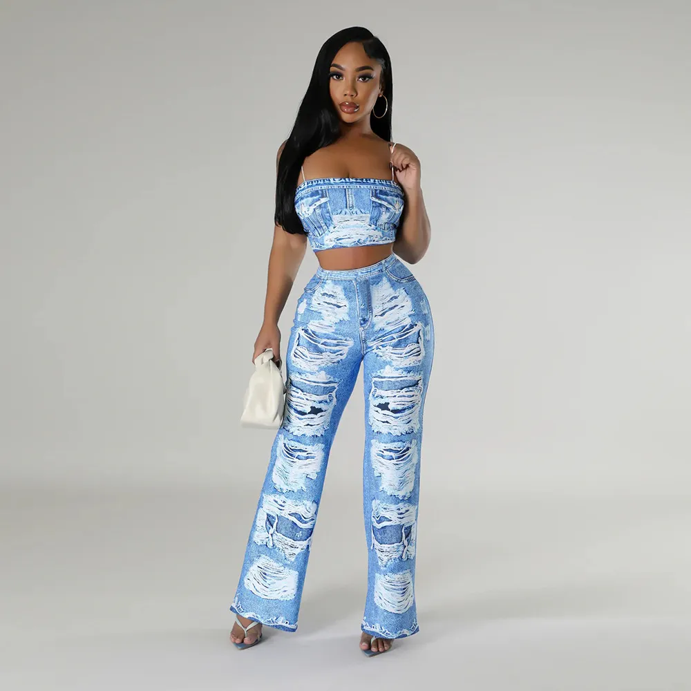Women Fashion Sexy Rapped Printed Camisole Pants Two-Piece Set