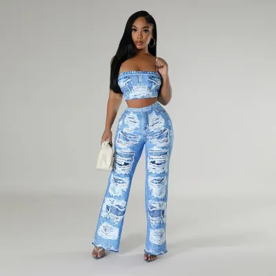 Women Fashion Sexy Rapped Printed Camisole Pants Two-Piece Set