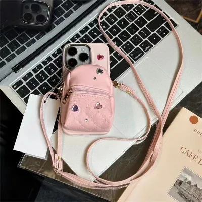 Women Fashion Creative Small Backpack Crossbody Strap Heart-Shaped Rhinestone Apple Phone Case Silicone Wallet