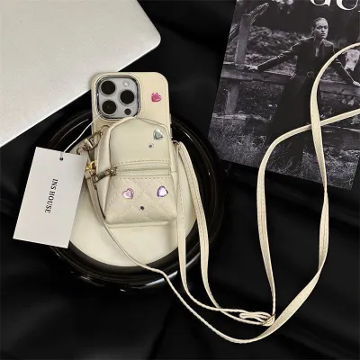 Women Fashion Creative Small Backpack Crossbody Strap Heart-Shaped Rhinestone Apple Phone Case Silicone Wallet