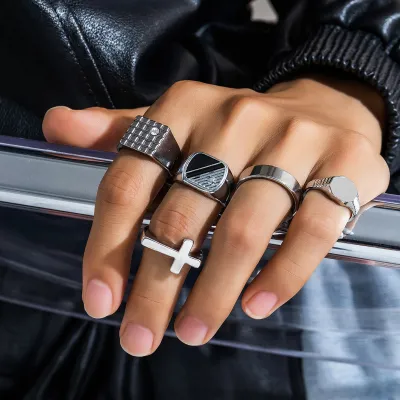 Men Fashion Casual Vintage Titanium Steel Cross Ring Sets