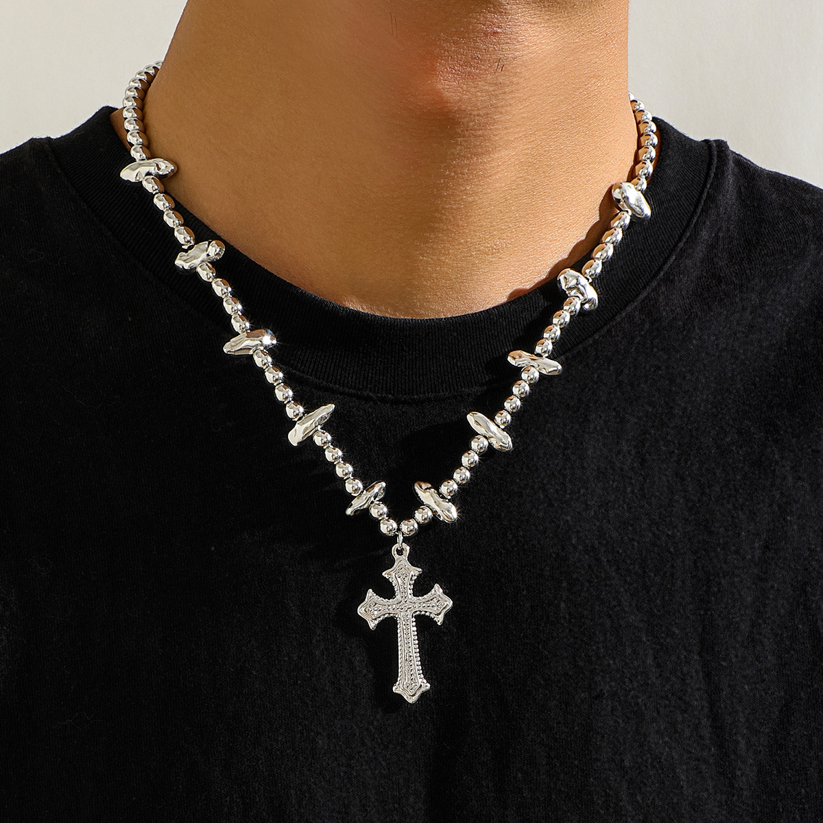 Wholesale Men Fashion Casual Hip Hop Alien Pearl Cross Necklace