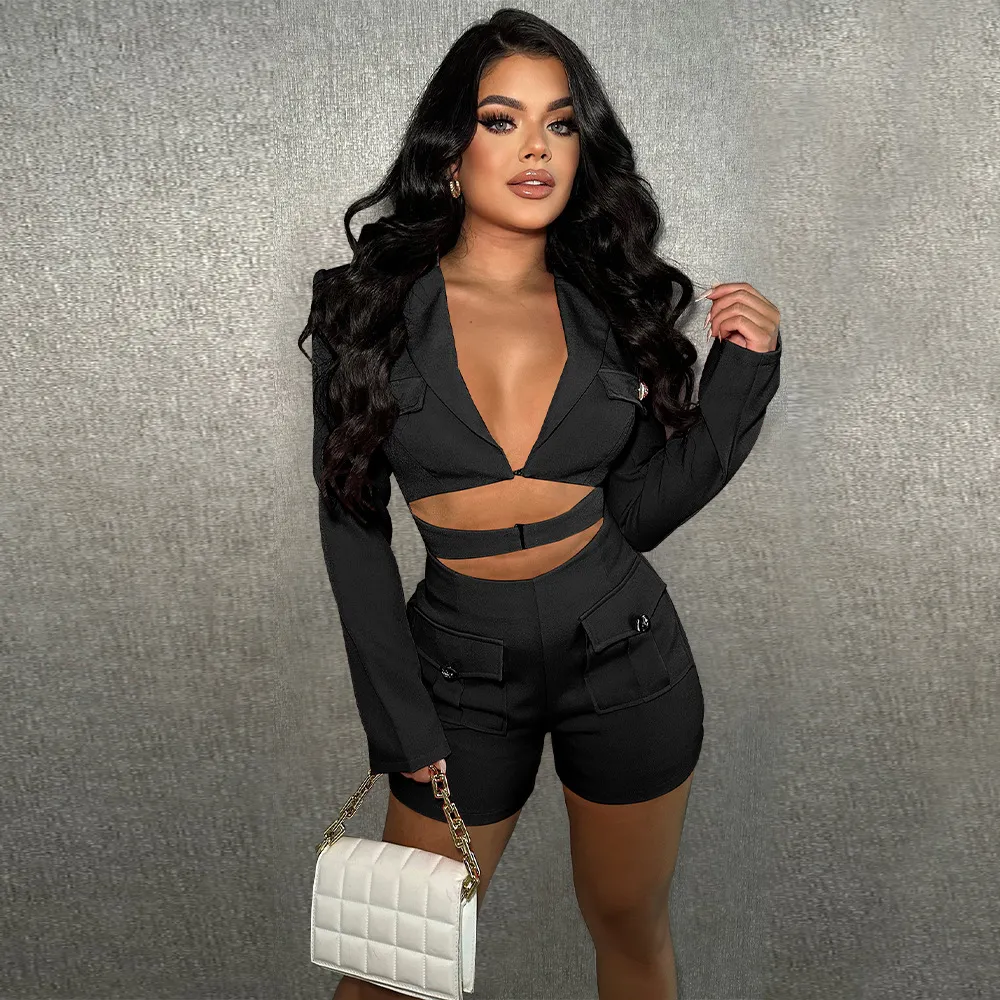 Women Fashion Casual Deep V Hollow Long Sleeve Rompers