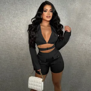 Women Fashion Casual Deep V Hollow Long Sleeve Rompers