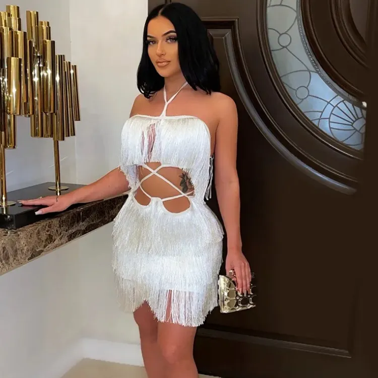 Summer Nightclub Women Fashion Sexy Tassel Strap Strapless Backless Dress