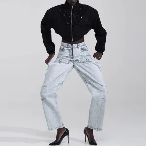 Women Casual Straight Leg Jeans with Stitching Details