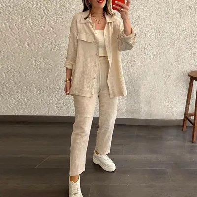 Women Casual Solid Color Long Sleeve Lapel Shirt Pants Two-Piece Set