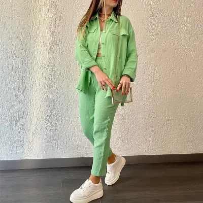 Women Casual Solid Color Long Sleeve Lapel Shirt Pants Two-Piece Set