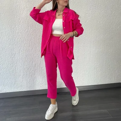 Women Casual Solid Color Long Sleeve Lapel Shirt Pants Two-Piece Set