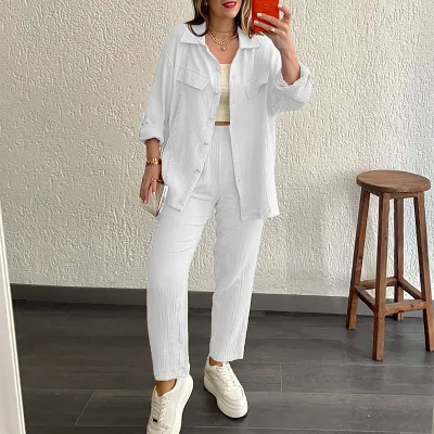 Women Casual Solid Color Long Sleeve Lapel Shirt Pants Two-Piece Set
