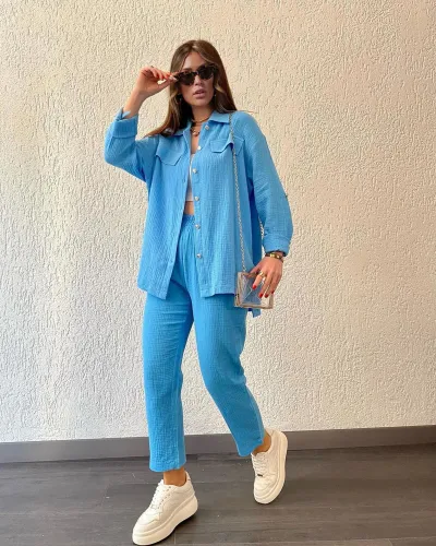 Women Casual Solid Color Long Sleeve Lapel Shirt Pants Two-Piece Set