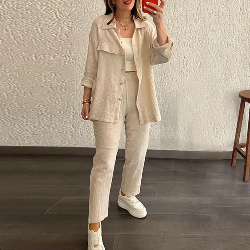 Women Casual Solid Color Long Sleeve Lapel Shirt Pants Two-Piece Set