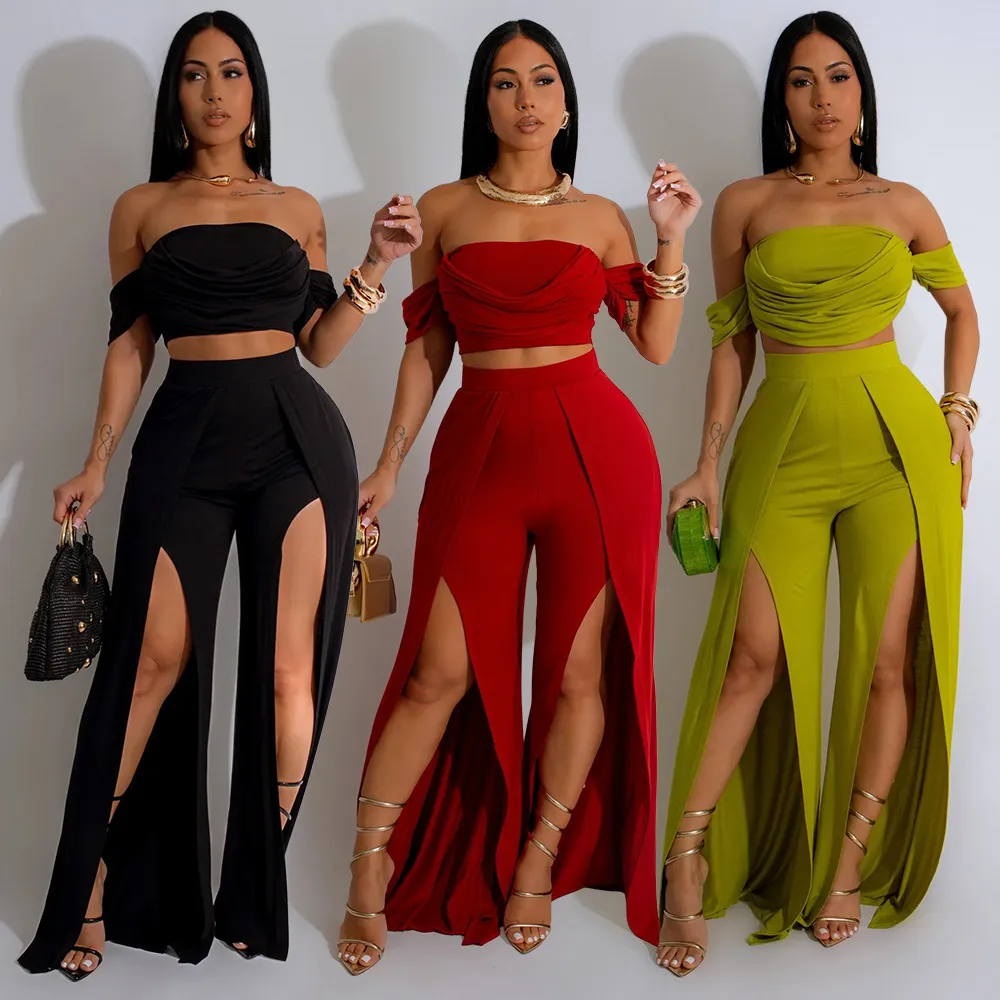 Women Fashion Sexy Solid Color Strapless Top Split Pants Two-Piece Set