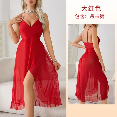 Women's Sexy Mesh Sling Nightdress - Deep V Neck Long Pajamas