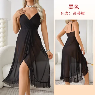 Women's Sexy Mesh Sling Nightdress - Deep V Neck Long Pajamas
