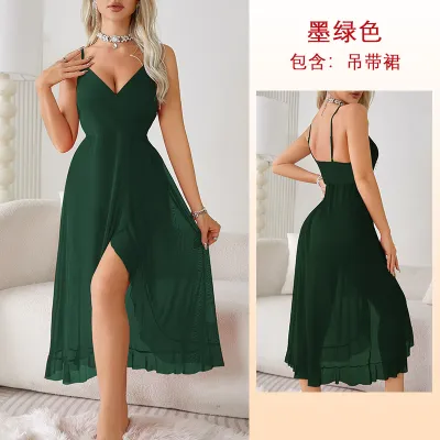 Women's Sexy Mesh Sling Nightdress - Deep V Neck Long Pajamas