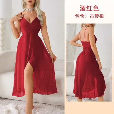Women's Sexy Mesh Sling Nightdress - Deep V Neck Long Pajamas