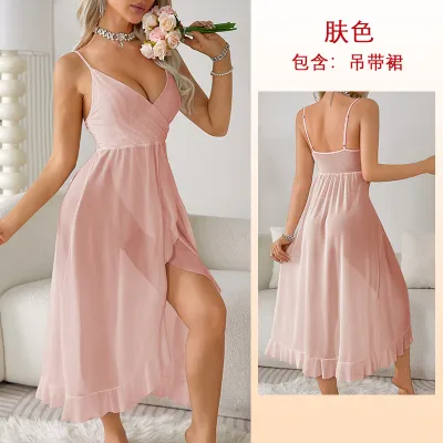 Women's Sexy Mesh Sling Nightdress - Deep V Neck Long Pajamas