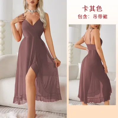 Women's Sexy Mesh Sling Nightdress - Deep V Neck Long Pajamas