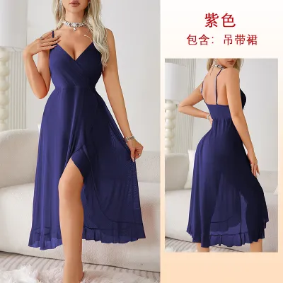 Women's Sexy Mesh Sling Nightdress - Deep V Neck Long Pajamas