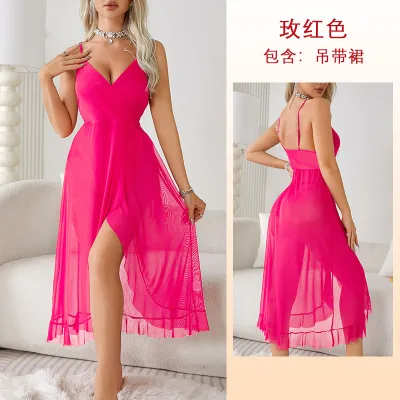 Women's Sexy Mesh Sling Nightdress - Deep V Neck Long Pajamas