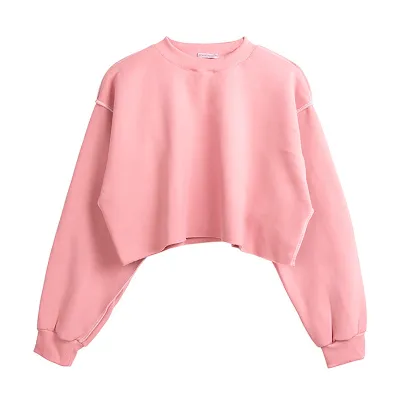 Autumn Winter Women Casual Solid Color Round Neck Long Sleeve Crop Blank Sweatshirt