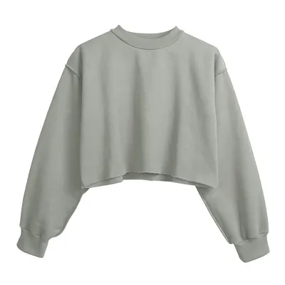 Autumn Winter Women Casual Solid Color Round Neck Long Sleeve Crop Blank Sweatshirt