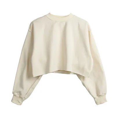 Autumn Winter Women Casual Solid Color Round Neck Long Sleeve Crop Blank Sweatshirt