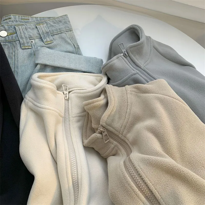 Autumn Winter Women Fashion Thickened Fleece-Lined Collar Zipper Long Sleeve Sweatshirt