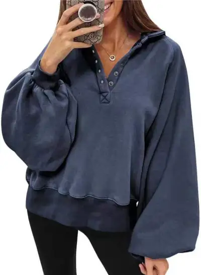 Autumn Winter Women Casual Solid Color Lantern Sleeve Pullover Hoodies