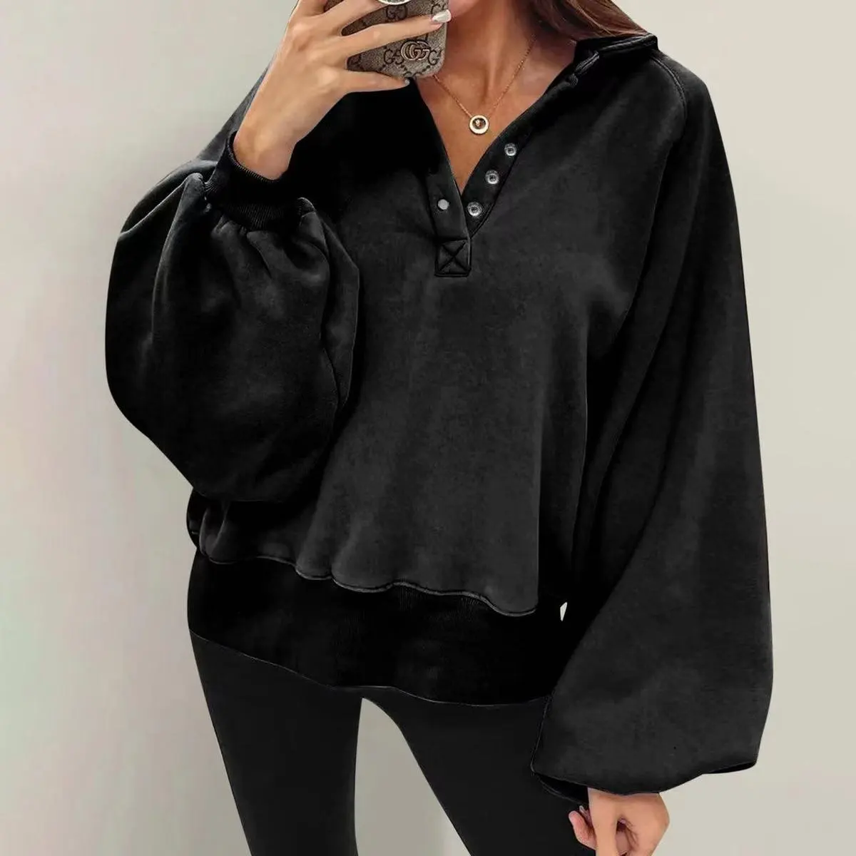 Autumn Winter Women Casual Solid Color Lantern Sleeve Pullover Hoodies