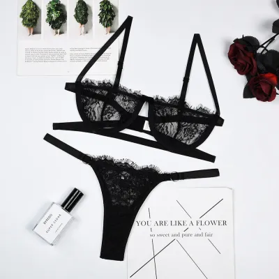 Women Sexy Solid Color Lace Perspective Bra Set
