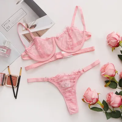 Women Sexy Solid Color Lace Perspective Bra Set