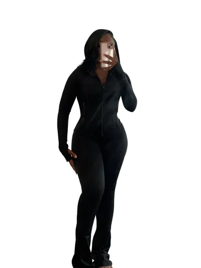 Women Casual Solid Color Round Neck Tight Long Sleeve Top Flared Pants Two-Piece Set