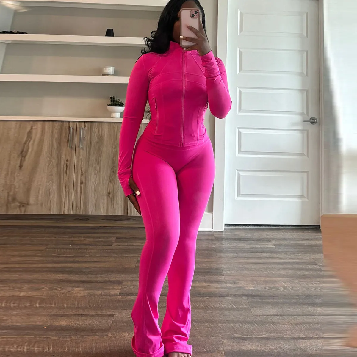 Women Casual Solid Color Round Neck Tight Long Sleeve Top Flared Pants Two-Piece Set