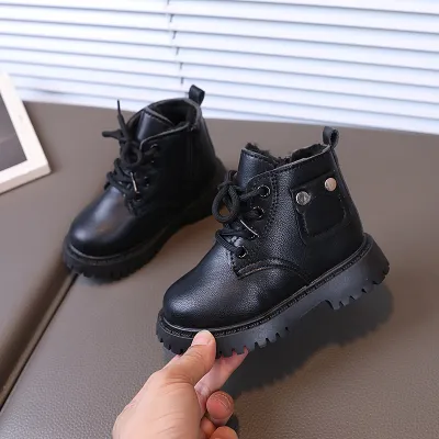 Kids Boys Girls Fashion Casual Lace-Up Thick-Soled PU Ankle Boots