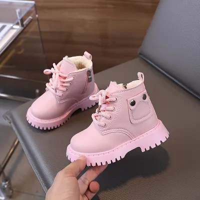 Kids Boys Girls Fashion Casual Lace-Up Thick-Soled PU Ankle Boots