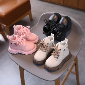 Kids Boys Girls Fashion Casual Lace-Up Thick-Soled PU Ankle Boots