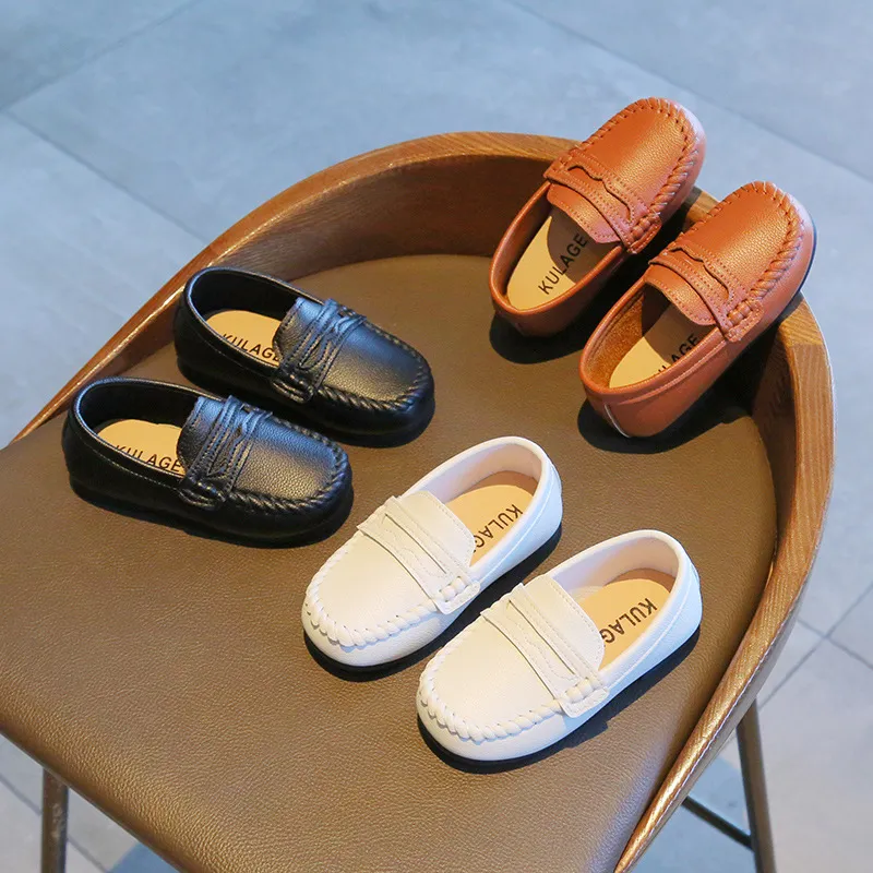 Kids Boys Girls Fashion Casual Slip On Solid Color PU Flat Shoes