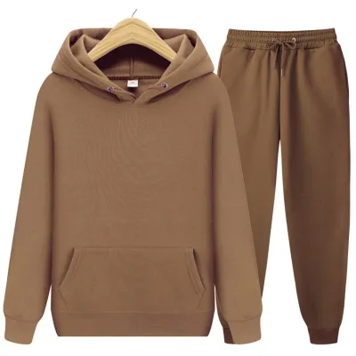 Men Autumn Winter Fleeced Sports Leisure Solid Color Long Sleeve Hoodies Trousers Sets