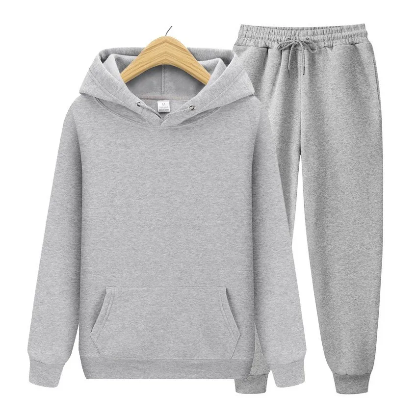 Men Autumn Winter Fleeced Sports Leisure Solid Color Long Sleeve Hoodies Trousers Sets