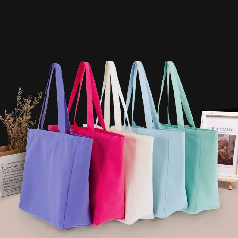 Solid Color Large Capacity Zipper Canvas Tote Bag with Bottom and Side