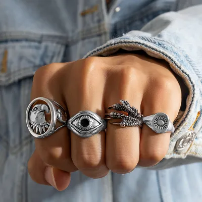 Men Fashion Casual Vintage Eagle Head Eyes Hip Hop Ring Sets
