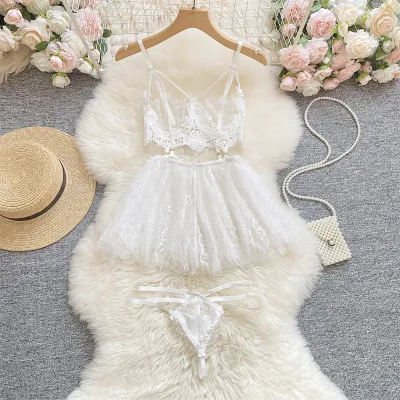 Women Sexy Lace Gauze Perspective Bra Set