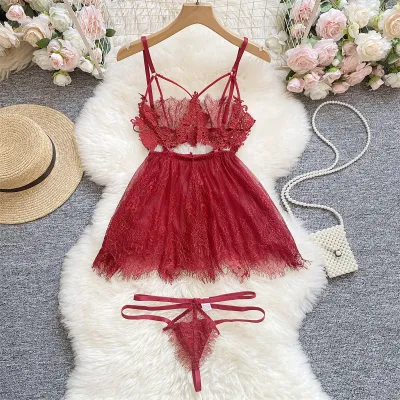 Women Sexy Lace Gauze Perspective Bra Set