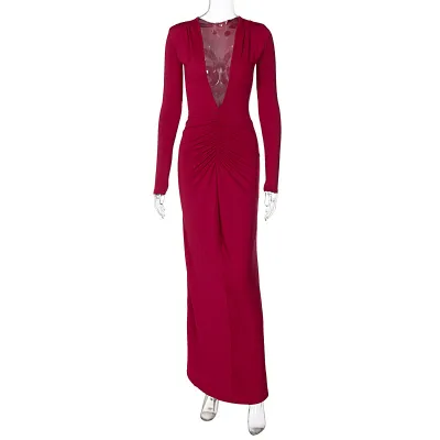 Summer Women Fashion Sexy Deep V Creased Long Sleeve Tight Maxi Dress