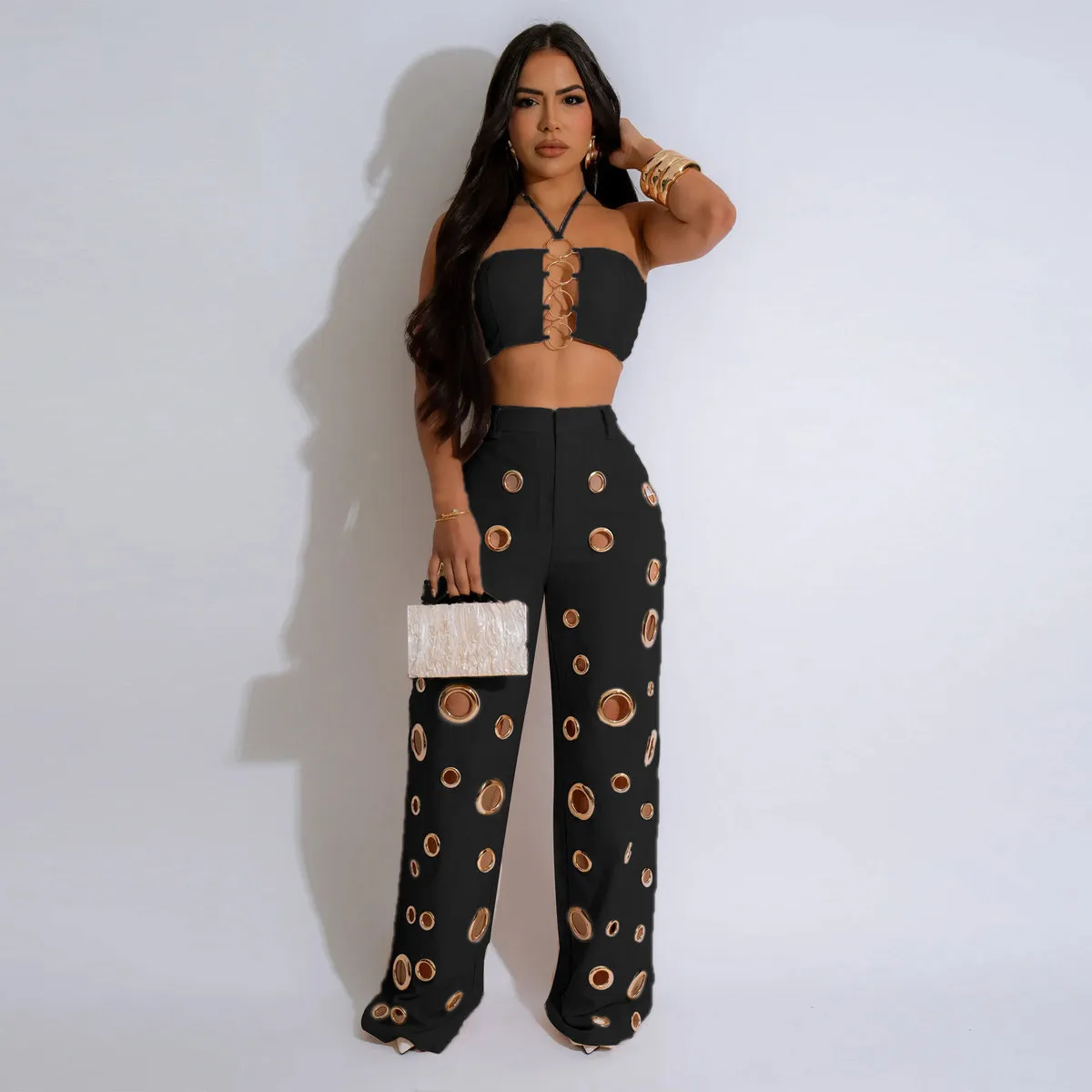 Women Fashion Metal Ring Stitching Strapless Tanks Hollow Pants Two-Piece Set